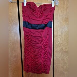 Strapless Sparkle Ruched Red Midi Dress with Black Waistband